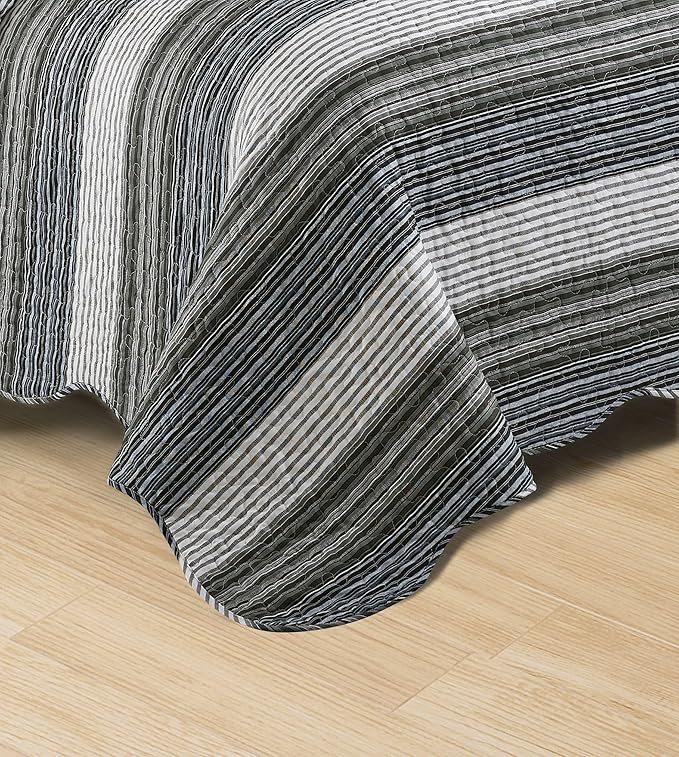 Brilliant Sunshine Multi Grey Stripes Patchwork, 2-Piece Quilt Set with 1 Sham, Reversible Bedspread, Soft Lightweight Coverlet, All-Season, Twin, Multi Grey