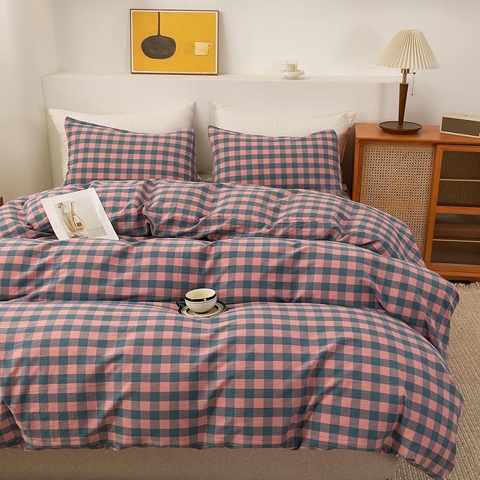 ECOCOTT Duvet Cover Set, 100% Washed Cotton Linen-Like Soft & Breathable, Durable Comfy Bedding Set for All Seasons King Size, Purple Pink Plaid