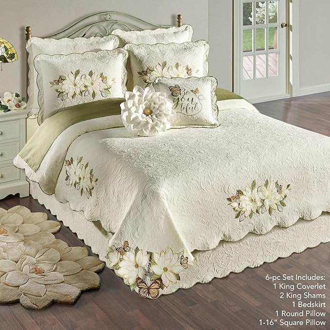 Sweetbay Garden Luxury Matelasse Bedding | Magnolia, Butterfly, & Leaf Velvet Appliques | 4-Pc Ivory Textured Scroll Lightweight Bed Set with King Coverlet, Bedskirt, 2 King Shams, & 2 Accent Pillows