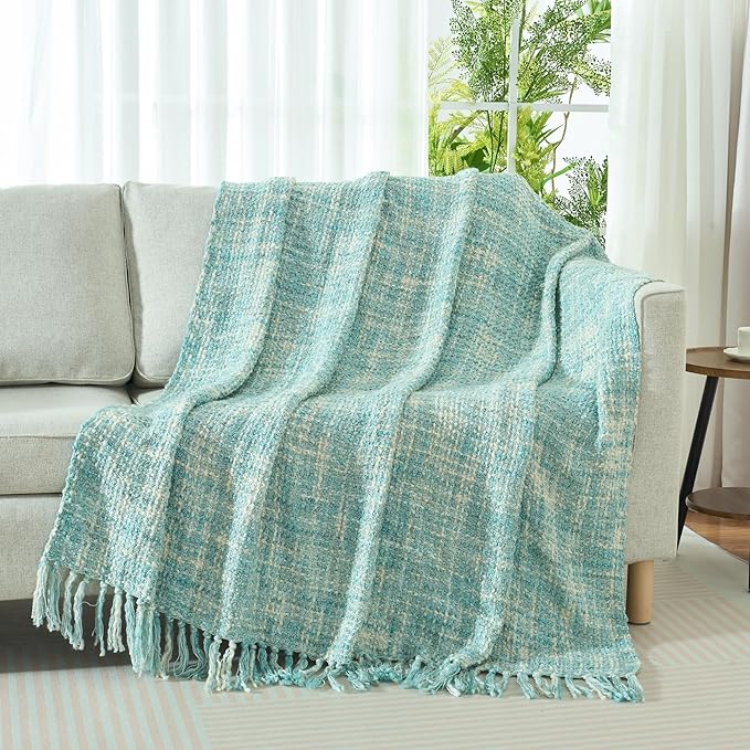 Multi-Color Turquoise Cable Knitted Throw Blanket for Couch,50"X60" Boho Style Textured Blankets for Home Decor,Super Soft Warm Cozy Chunky Knit Blanket with Decorative Tassels for Bed