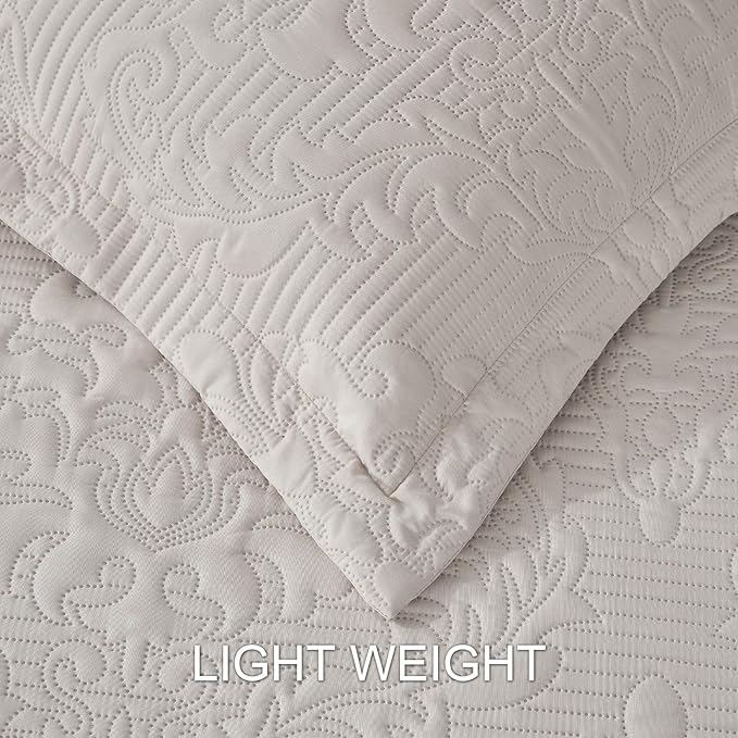 Hansleep Cream Quilt Queen Size - Damask Ultrasonic Summer Bedspread Queen, Soft Lightweight Coverlet Bedding Set, 3 Pieces (1 Quilt, 2 Pillow Shams)