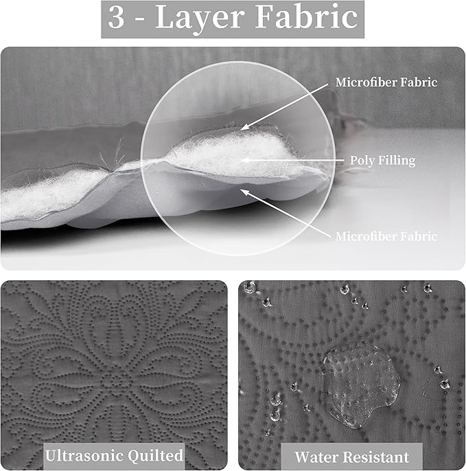 Easy-Going King Size Reversible Quilt Set with 1 Quilt and 2 Pillow Shams, Soft Bed Quilt Cover, Water Resistant Lightweight Microfiber Bedspread, Stain Resistant, Damask-Gray/Light Gray