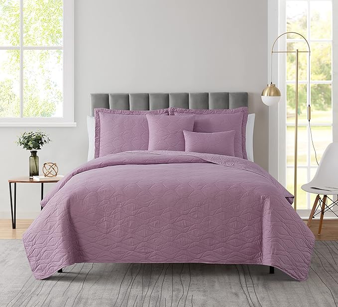 Hearth & Harbor Quilts Queen Size - All Season Bedspread Coverlet Set, Pinsonic Weave Lightweight Bedding Set - 5 Piece Queen Quilt Set with Pillow Shams, Ellipse - Lavender Dream