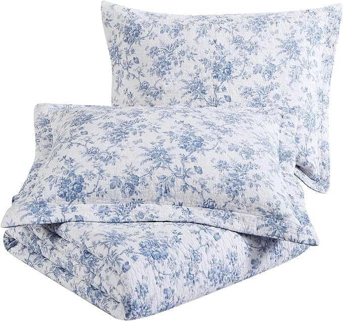 Laura Ashley - King Quilt Set, Soft & Reversible Cotton Floral Bedding with a Medium Weight Feel, 3 Piece Bed Set with Matching Pillowcases (Walled Garden Blue)