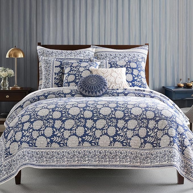 Levtex Home Adare Denim Reversible Full/Queen Quilt Set (88x92in) with 2 Pillow Shams (26x20in) - Floral Bedding - Blue White - Cotton Full/Queen Size Quilt Bedding Set - Lightweight, Soft, Pre-Washed
