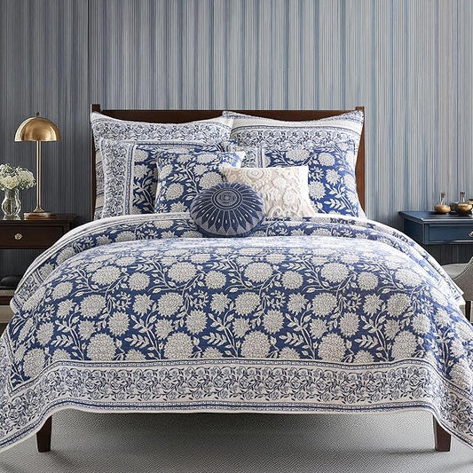 Levtex Home Adare Denim Reversible Full/Queen Quilt Set (88x92in) with 2 Pillow Shams (26x20in) - Floral Bedding - Blue White - Cotton Full/Queen Size Quilt Bedding Set - Lightweight, Soft, Pre-Washed