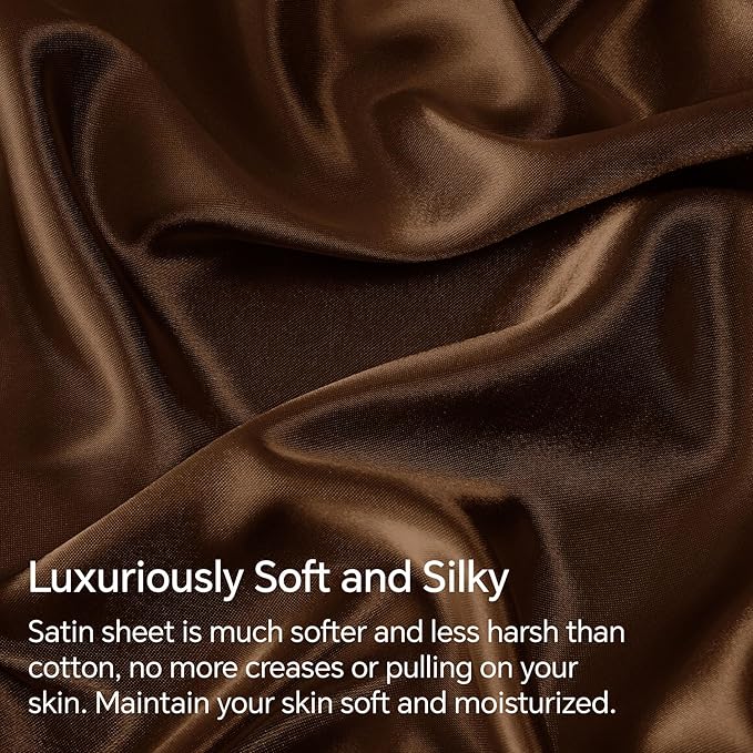 BEDELITE Satin Sheets Queen Size Bed Set, Luxury Soft Brown Silky Sheets for Hair and Skin, Similar to Silk Bed Sheets Set 4 Pieces with 1 Deep Pocket Fitted Sheet, 1 Flat Sheet, and 2 Pillowcases