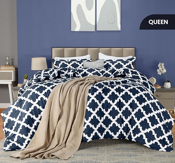 Printed Comforter Set (Queen, Navy) with 2 Pillow Shams - Luxurious Soft Brushed Microfiber - Goose Down Alternative Comforter by Utopia Bedding