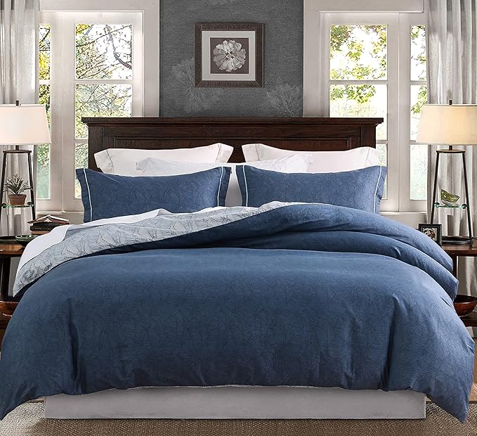 SLEEPBELLA Duvet Cover King Size, 600 Thread Count Cotton Navy & Grey Printed with Luxurious Blue Leaves Pattern Reversible Botanical Comforter Cover Sets, Bedding Set 3Pcs (King, Navy-Blue Leaves)