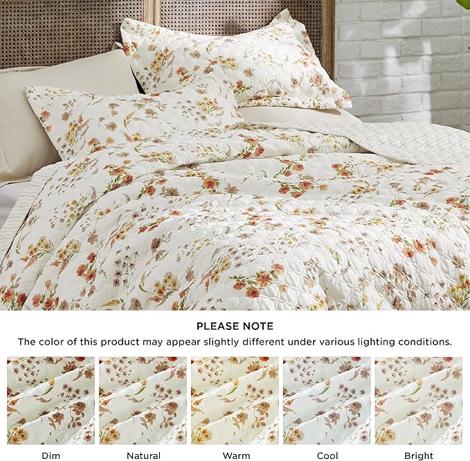 Bedsure Floral Quilt Queen Size - Reversible Falling Botanical Quilt Bedding, Lightweight Microfiber Bedspread, Soft Coverlet for All Seasons (90"x96")