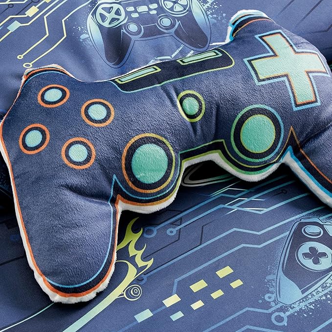 Chezmoi Collection 3-Piece Boys Twin Bedding Sets Sports Soft Microfiber Blue Orange Multi-Color Video Games Controller Skateboard Kids Comforter Set Twin Size