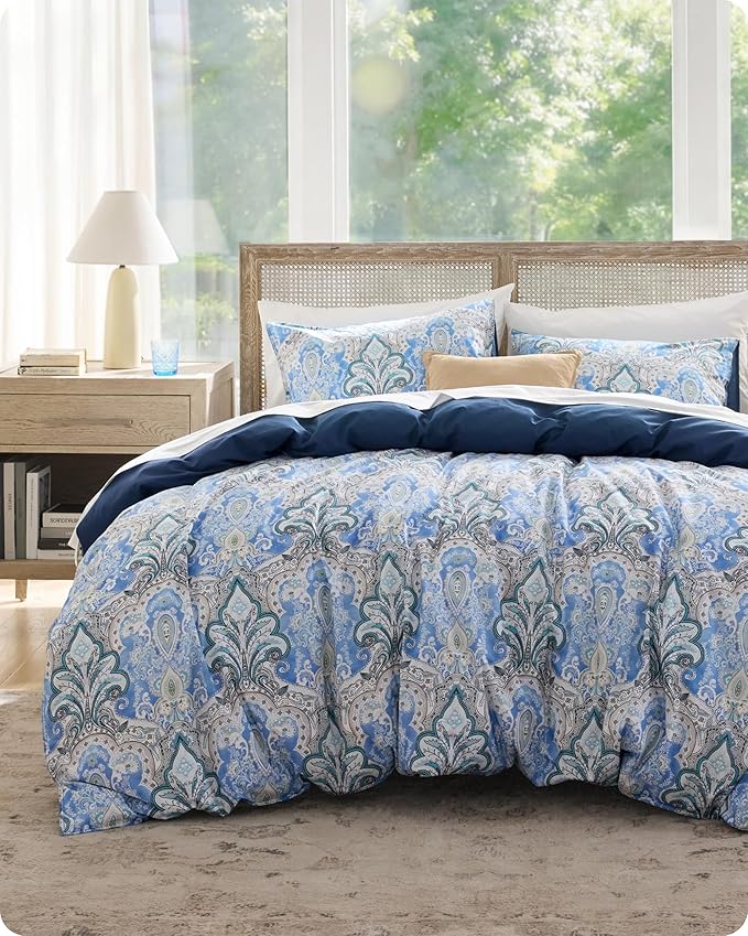 Bedsure 100% Cotton Reversible Paisley Damask Duvet Cover King Size - Classic Blue and White Pattern Comforter Cover with Zipper Closure & 2 Pillow Shams, No Comforter (Blue Paisley 104"x90")
