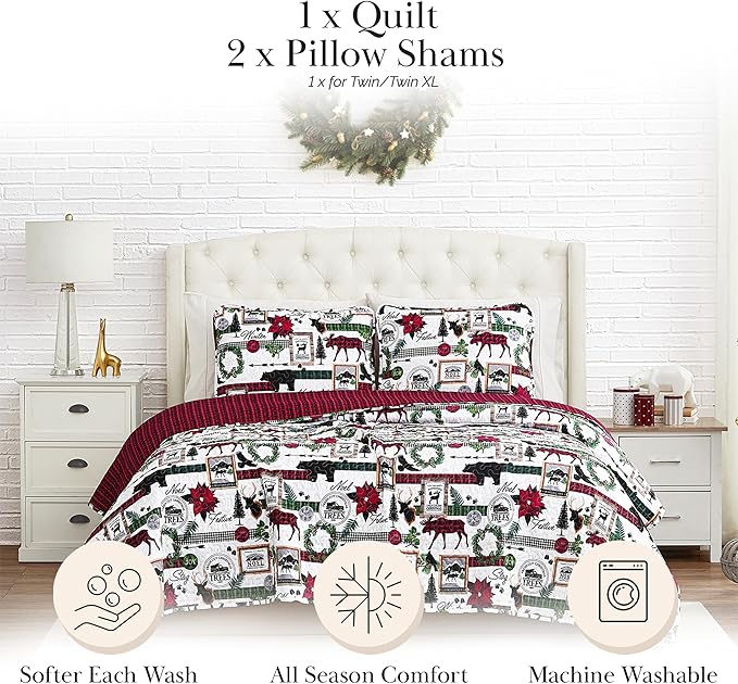 Southshore Fine Living, Inc. King Size Christmas Quilt with Matching Pillow Shams, Holiday Bedding Set, 3-Piece King/California King Quilt Set, Reversible Red Plaid Quilt & Rustic Cabin Print