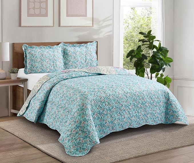 Brilliant Sunshine Lilac Rose Toile Quilt Set, 3-Piece Bedding Sets, Traditional Lively Patchwork Design, Washable, Reversible Bedspread, Soft Lightweight Coverlet, All-Season, Full/Queen, Egg Blue