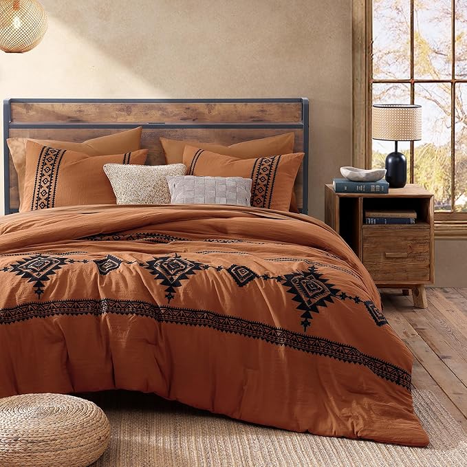 MaiRêve Super King Plus Comforter Set Burnt Orange, Embroidery Western Boho Bedding Set 7 Pieces, All Season Farmhouse Bed in A Bag Comforter Set with Sheets, Pillowcases & Shams