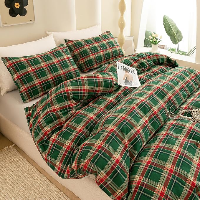 ECOCOTT Buffalo Plaid Duvet Cover Queen Size– 3 Piece Green Checkered Bedding Set, 100% Washed Cotton, Soft Breathable Reversible Design with Zipper Closure & Corner Ties