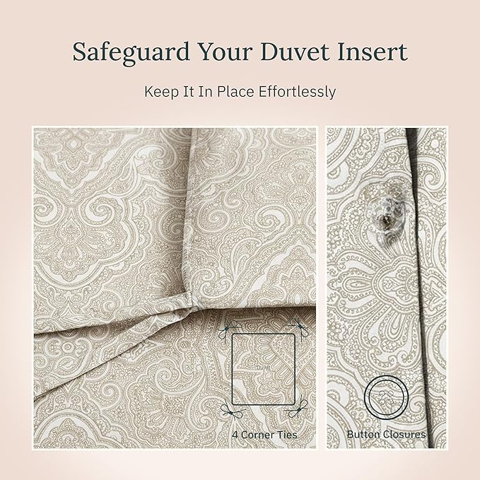 California Design Den Natural 100% Cotton Twin Duvet Cover/Twin XL Only - Premium 400 Thread Count, Soft Sateen Weave, Button Closure and Corner Ties - Paisley Beige