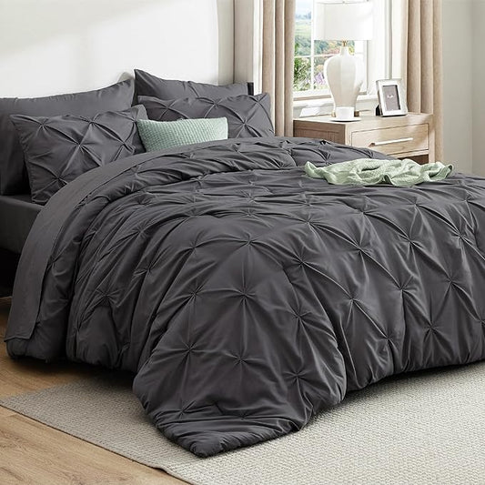 Bedsure Full Comforter Set Dark Grey - Bed in a Bag Full Size Bedding Set 7 Pieces, GentleSoft™ Pintuck Bed Set Gift for Family, Pinch Pleat All Season Comforter with Sheets, Pillowcases & Shams