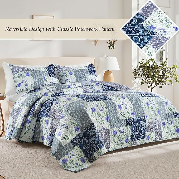 Whale Flotilla Patchwork Quilt King Size, Soft Boho Floral Bedspreads for Bed Reversible Lightweight King Quilt Bedding Set Coverlets with 2 Pillow Shams for All Seasons, Paisley Flowers