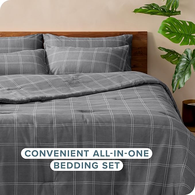 Bare Home Bed-in-A-Bag 7 Piece Comforter & Sheet Set - Full - Track Stitch - Goose Down Alternative - Ultra-Soft 1800 Premium - Bedding Set (Full, Modern Plaid - Grey/White)