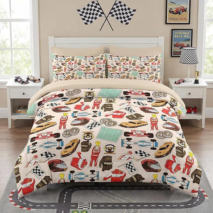 Comforter Set Full Size, Racing Car Competition 7 Pcs Bedding for Kids and Adults, Race Game Cute Wheel Bed Sheet Sets with Fitted Sheet 2 Pillowcases & 2 Shams for Bedroom Bed Decor