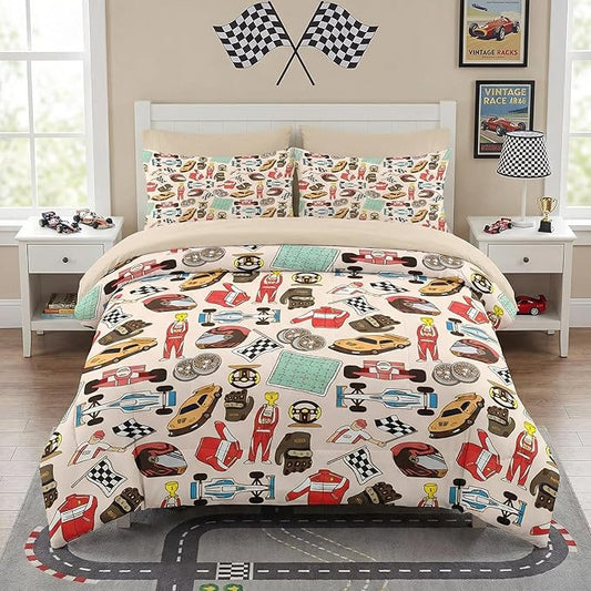 Comforter Set Full Size, Racing Car Competition 7 Pcs Bedding for Kids and Adults, Race Game Cute Wheel Bed Sheet Sets with Fitted Sheet 2 Pillowcases & 2 Shams for Bedroom Bed Decor