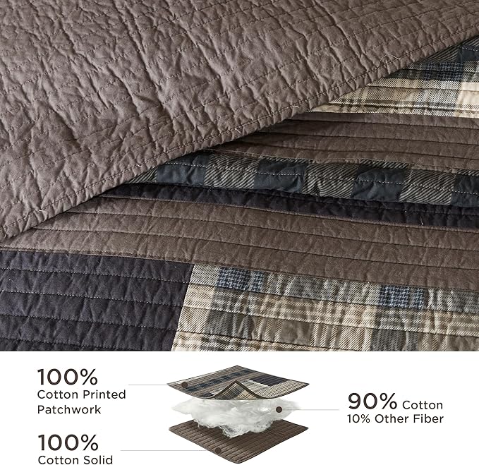 Woolrich Reversible Quilt Set - Cottage Styling Reversed to Solid Color, All Season Lightweight Coverlet, Cozy Bedding Layer, Matching Shams, Oversized King/Cal King, Winter Plains Stripes Taupe