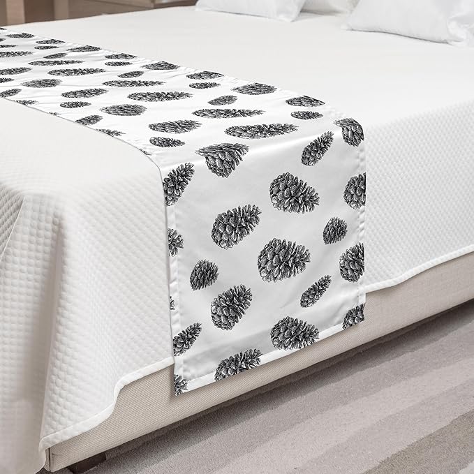 Lunarable Pine Cone Bed Runner, Detailed Hand Drawn Sketch of Fir Tree Repetition in Monochrome, Decorative Accent Bedding Scarf for Hotels Homes and Guestrooms, Queen, Charcoal White