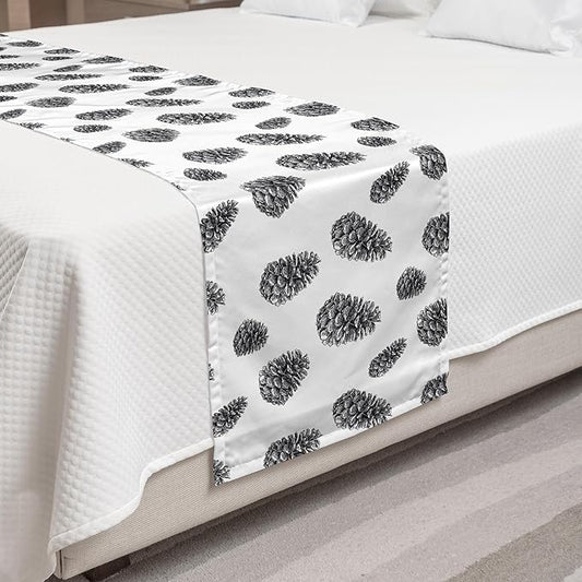Lunarable Pine Cone Bed Runner, Detailed Hand Drawn Sketch of Fir Tree Repetition in Monochrome, Decorative Accent Bedding Scarf for Hotels Homes and Guestrooms, Queen, Charcoal White
