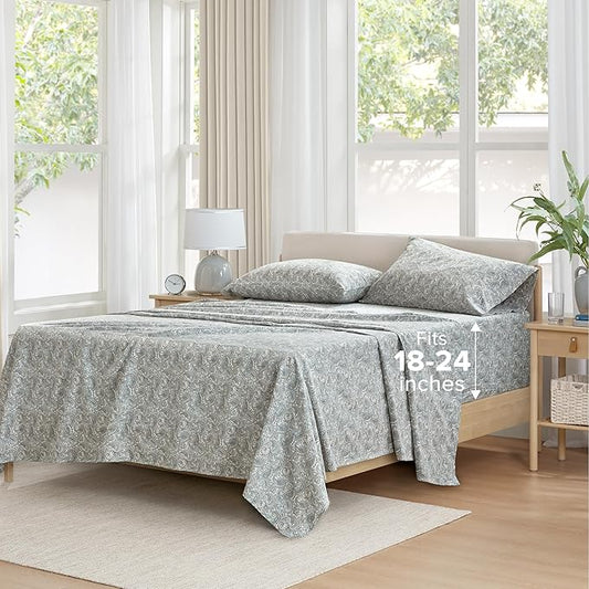 Comfort Spaces Extra Deep Pocket, 100% Cotton Queen Fits up to 24" Mattress, Breathable, Naturally Cool Cotton, Soft Cotton Sheets, All Seasons Sheet Set, Paisley 4 Piece