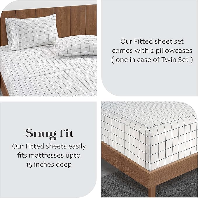 LANE LINEN Twin Fitted Sheets & Pillowcase Set, 100% Organic Cotton, Percale Weave, Soft, Breathable, Fits Mattress Up to 15' Deep - Charcoal Windowpane
