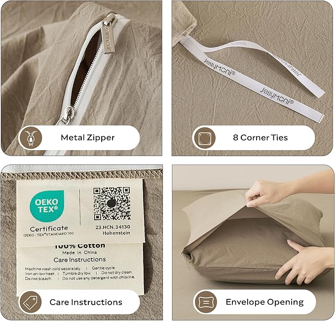 JELLYMONI Duvet Cover Queen Size - Washed Cotton Comforter Cover with Linen-Like Texture,Breathable & Soft Bedding for Modern Home,Guest Room and Everyday Use,Dusty Khaki 1 Duvet Cover & 2 Pillowcases