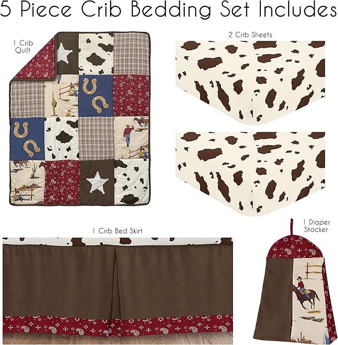 Sweet Jojo Designs 5-Piece Baby Crib Bedding Set (Western Cowboy) for Boys, Infants/Nursery incl. Blanket, Fitted Sheets, Skirt, Diaper Stacker (Southern, Country, Farm, Wild West, Horse, Country)