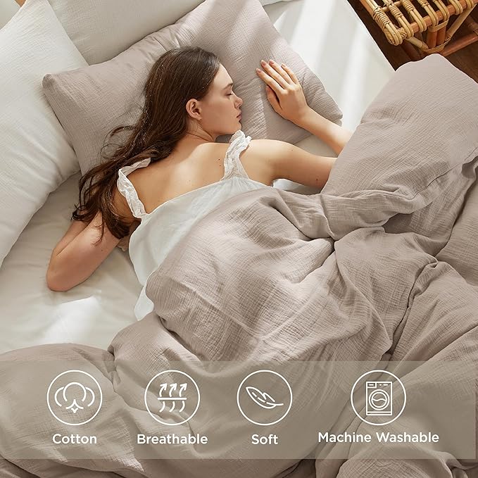 Bedsure 100% Muslin Cotton Duvet Cover Queen Size - Ultra-Soft, Breathable & Lightweight - Linen Like Gauze Comforter Cover Set with Button Closure and Corner Ties (Khaki, Queen, 90"x90")