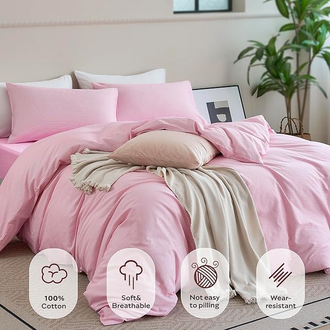 JELLYMONI 100% Natural Cotton 3pcs Striped Duvet Cover Sets,White with Pink Stripes Pattern Printed Comforter Cover,with Zipper Closure & Corner Ties(Full Size)