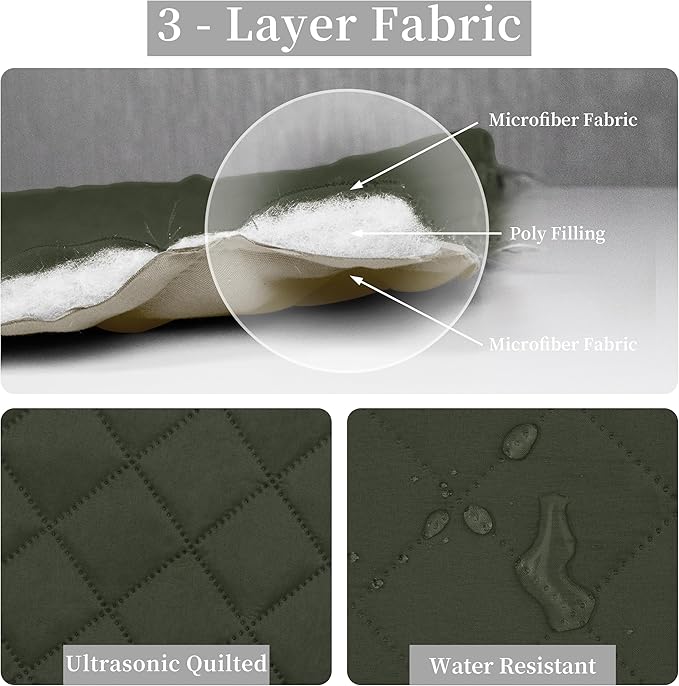 Easy-Going Full/Queen Size Reversible Quilt Set with 1 Quilt and 2 Pillow Shams, Soft Bed Quilt Cover, Water Resistant Lightweight Microfiber Bedspread, Stain Resistant, Army Green/Beige