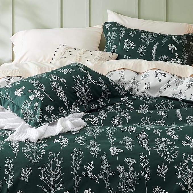 Bedsure Duvet Cover King Size - Reversible Emerald Green King Duvet Cover Set with Zipper Closure, 3 Pieces Floral Patterned Bedding Set with 8 Corner Ties and 2 Pillow Shams