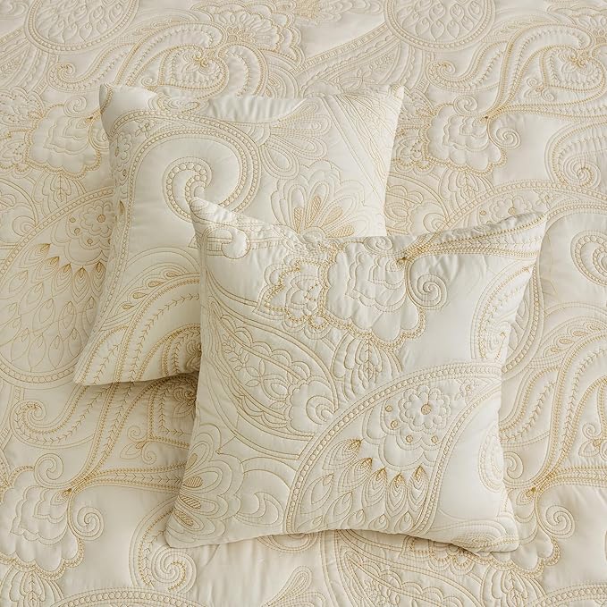 Oversized King Bedspread 128x120 Extra Wide, Paisley Pattern Design, Lightweight Bedding Cover, Reversible, 5 Piece, 100% Microfiber, Ivory Yellow