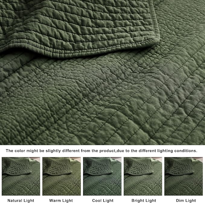 palassio Striped Olive Green 100% Cotton Quilt Twin Size Bedding Sets, Lightweight Crinkly Channel Pick Stitch Textured Bedspread Soft Shabby Chic Farmhouse Country Coverlet for All Season, 1 Sham
