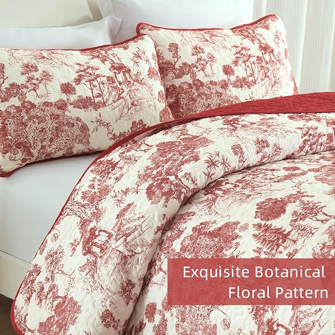 WONGS BEDDING Botanical Quilt Set Queen Size, Red 3 Pieces Floral Plants Printed Bedspread Bedding Set Christmas Soft Lightweight Microfiber Coverlet Set for All Season (96"x90")