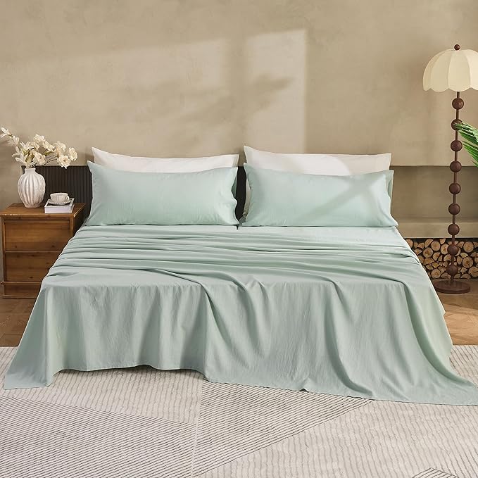 Simple&Opulence Belgian Linen Sheet Set Solid Color - 5 Pieces (1 Flat Sheet, 2 Fitted Sheets & 2 Pillowcases) Natural Flax Cotton Blend Soft Breathable Farmhouse Bedding - Split King Size, Mint Green