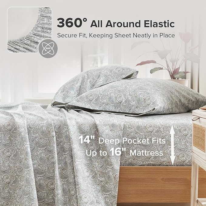 Comfort Spaces 100% Cotton Sheet Set Breathable, Lightweight, Soft with 14" Elastic Pocket Fits up to 16" Mattress, All Season Cozy Bedding, Matching Pillow Case, Full Paisley Multi 4 Piece
