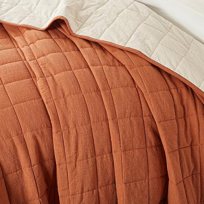 Burnt Orange Twin Quilt， Cotton Linen Twin Quilt Bedding Set，2-Pieces Quilted with Cream Stripe Coverlet Lightweight Bedding Comforters with 1 Pillow Sham