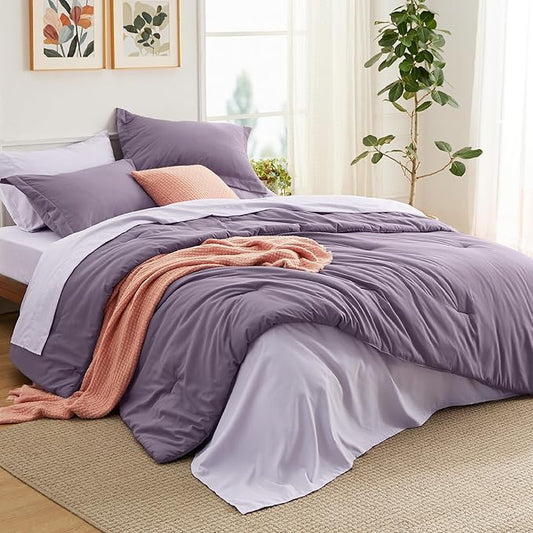 Bedsure Queen Comforter Set - 7 Pieces Grayish Purple Queen Bedding Set for All Seasons, Boho Contrasting Design Bed in a Bag with Comforter, Sheets, Pillowcases & Shams