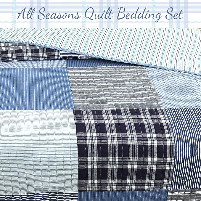 Cozy Line Home Fashions Plaid Patchwork Bedding Quilt Set, Navy Blue 100% Cotton Reversible Coverlet Bedspread for Kids Teen Boy (Craver, Twin - 2 Piece)
