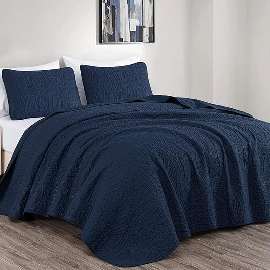 Chezmoi Collection Austin 3-Piece Oversized Bedspread Coverlet Set (King, Navy)