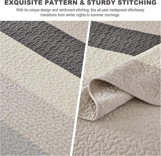 Oversized King Quilt Bedspread Coverlet 120x120, 100% Cotton Extra Large Quilt with Pillow Shams, Soft Yarn Dyed Striped Bedding Set, Gray/Khaki/Beige/Charcoal