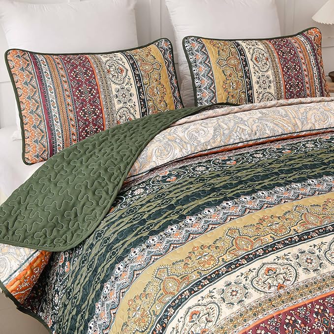 WONGS BEDDING Boho King Quilt Set, Green and Orange Bohemian Quilt Bedding Set, Fall Lightweight Bed Decor Bedspread for All Season Reversible Microfiber Coverlet Bedding Set 103"x90"(3 Pieces)