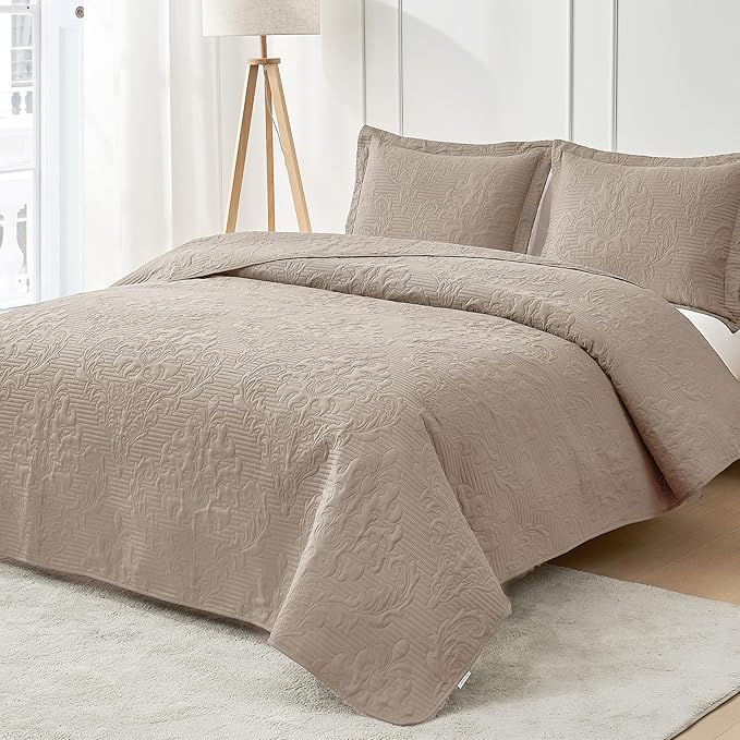 Hansleep Taupe Quilt King Size - Damask Ultrasonic All Season Bedspread King, Soft Lightweight Coverlet Bedding Set, 3 Piece (1 Quilt, 2 Pillow Shams)