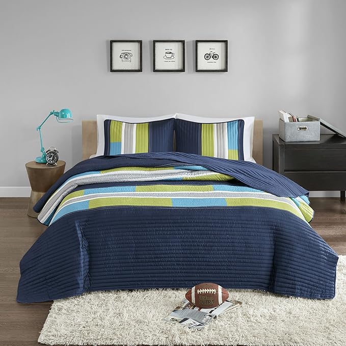 Comfort Spaces CS14-0861 2 Piece Quilt Coverlet Bedspread All Season Lightweight Hypoallergenic Pipeline Colorblock Kids Bedding Set, Twin/Twin XL, Pierre Navy/Blue Stripe